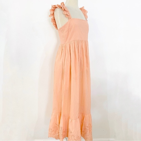 Apiece Apart 100% cotton light peach midi dress with ruffle shoulder straps - Picture 3 of 12